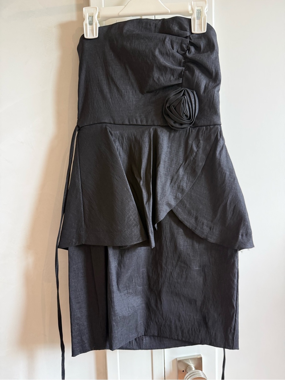 Strapless Black Tiered Wrap Dress with Rosette